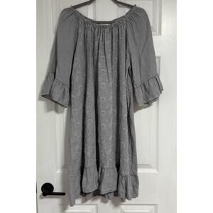 Belle France Women's Gray 100%Linen Embroidered Ruffle Dress Size Large